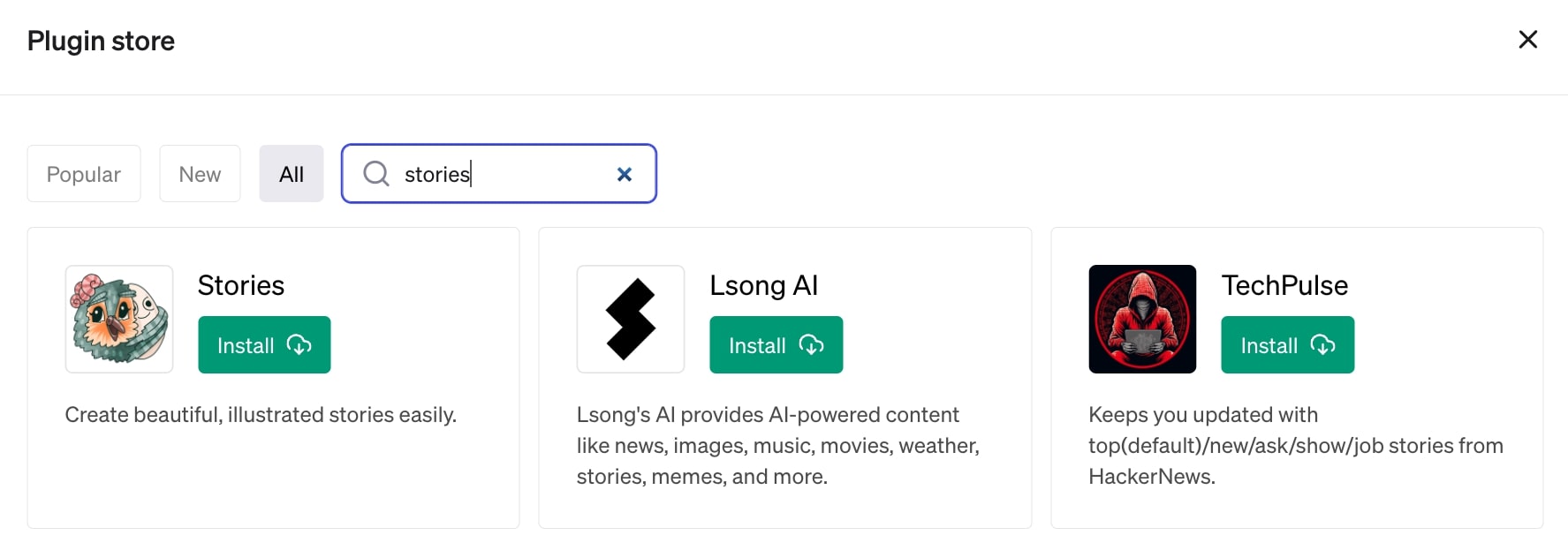 ChatGPT plugin store, searching for 'stories'.